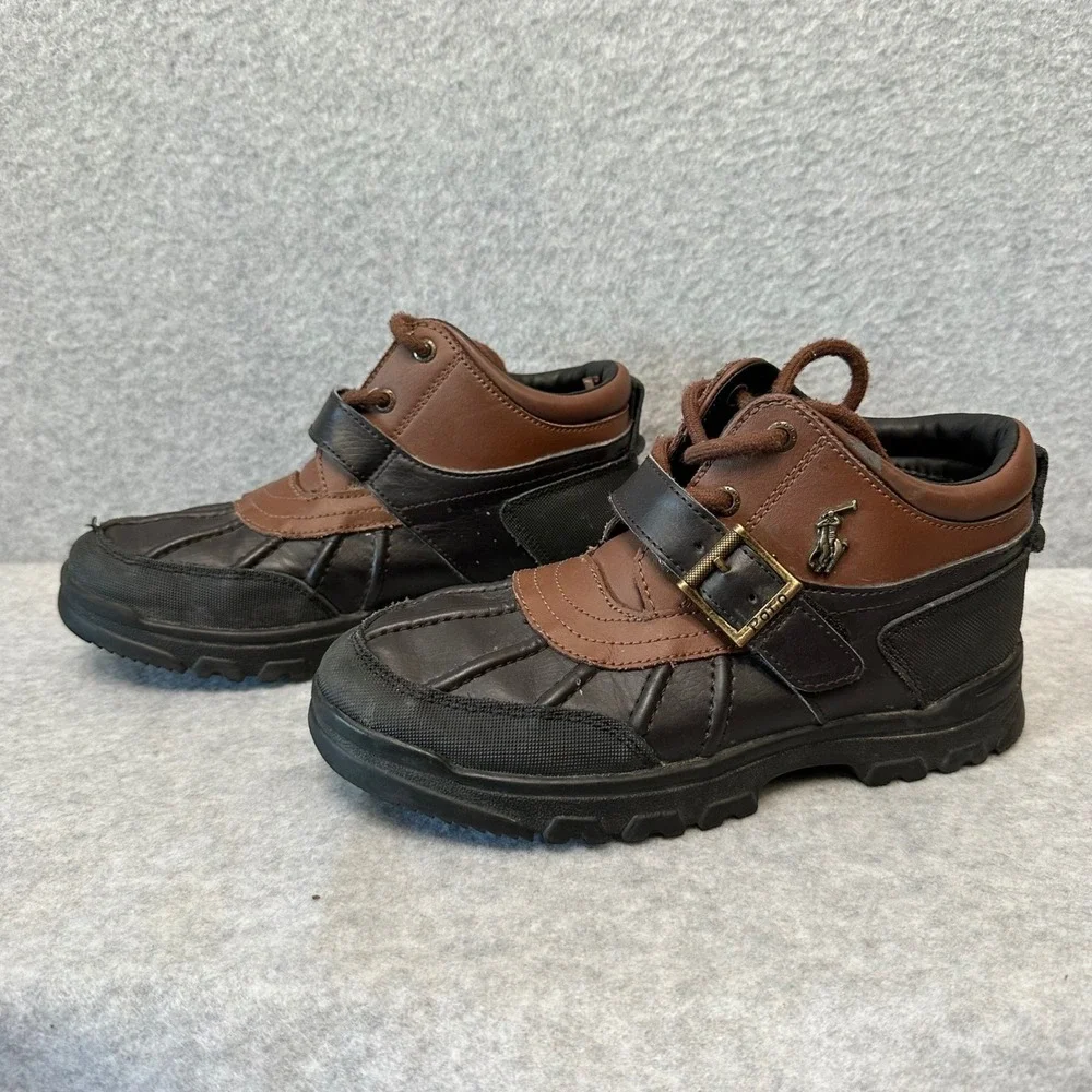Polo Ralph Lauren Dover Kids Leather Duck Boots Brown Black Size 3 RF102157
